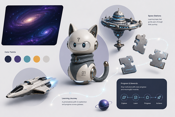 Moodboard combining the AI mascot, space station, color palette and progress rewards