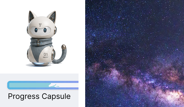Visual elements: the mascot with a progress capsule, and a galaxy texture