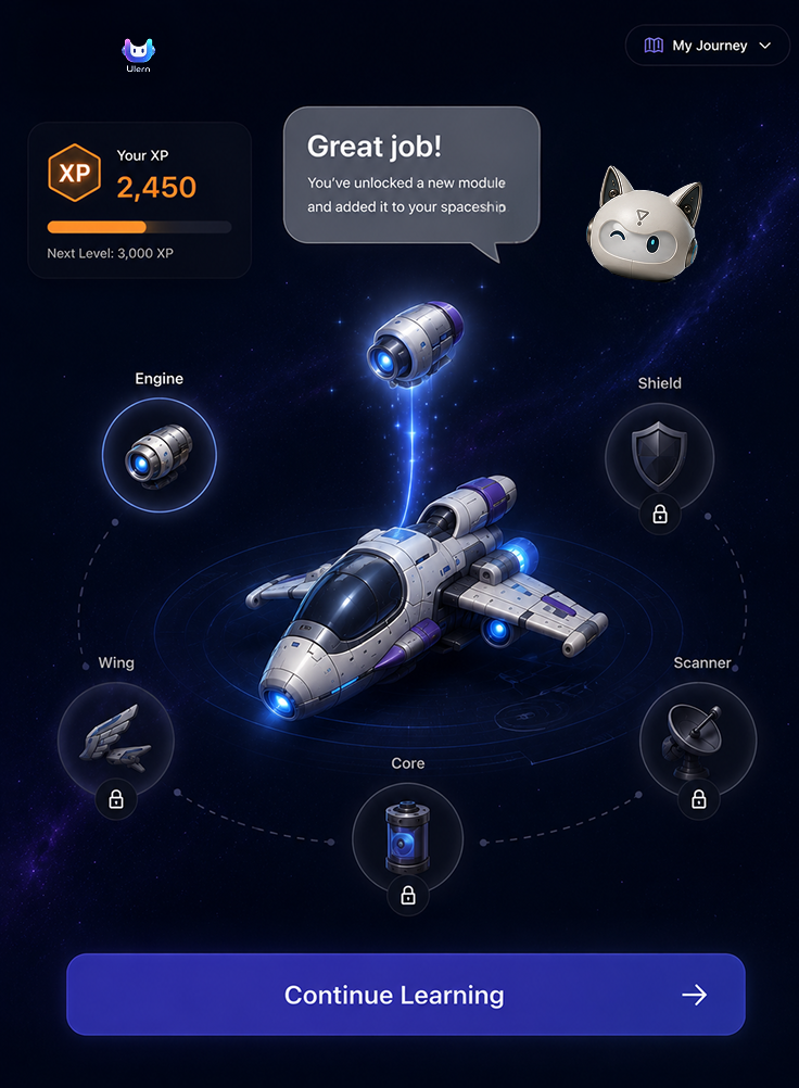 Reward screen showing XP progress and unlockable spaceship modules